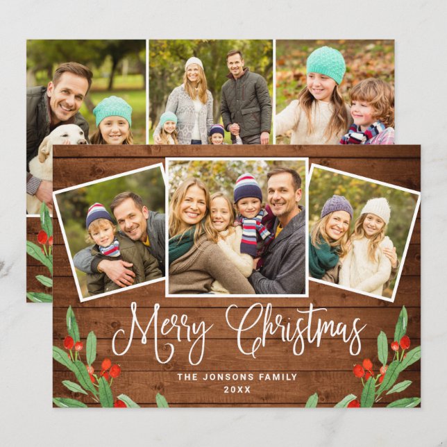 6 PHOTO Christmas Rustic Brown Wood Greeting Holiday Card (Front/Back)