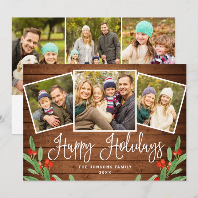 6 PHOTO Christmas Rustic Brown Wood Greeting Holiday Card (Front/Back)