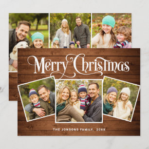 6 PHOTO Christmas Rustic Brown Wood Greeting Holiday Card