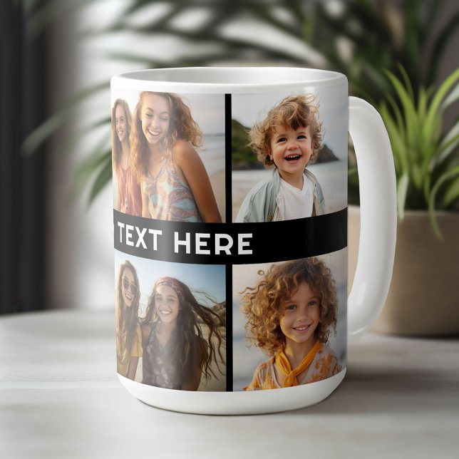 6 Photo Collage 1 Line of Text -- CAN Edit Black Coffee Mug (Custom Photo Mug)