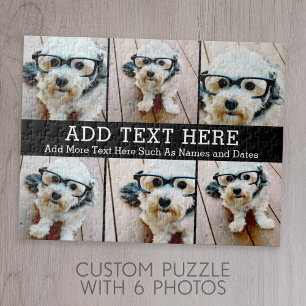 6 Photo Collage 2 Lines of Text -- CAN Edit Black Jigsaw Puzzle