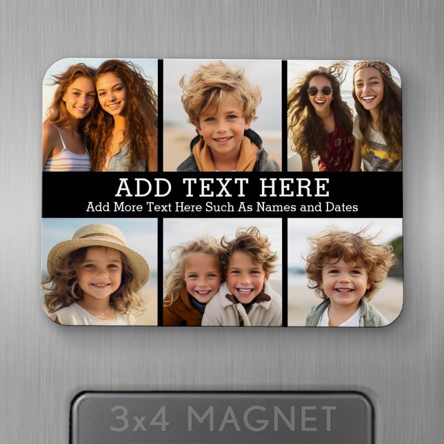 6 Photo Collage 2 Lines of Text -- CAN Edit Black Magnet (Personalized fridge magnet - add photos and custom text)
