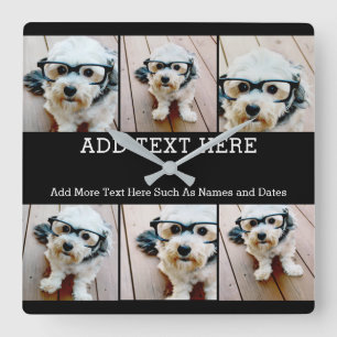 6 Photo Collage 2 Lines of Text -- CAN Edit Black Square Wall Clock