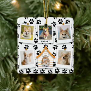 6 Photo Collage Add Name Dog House Paw Prints Ceramic Ornament