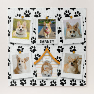 6 Photo Collage Add Name Dog House Paw Prints Jigsaw Puzzle