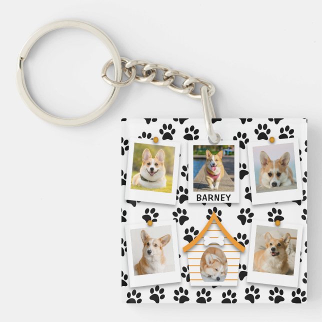 6 Photo Collage Add Name Dog House Paw Prints  Keychain (Front)