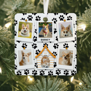 6 Photo Collage Add Name Dog House Paw Prints  Metal Ornament
