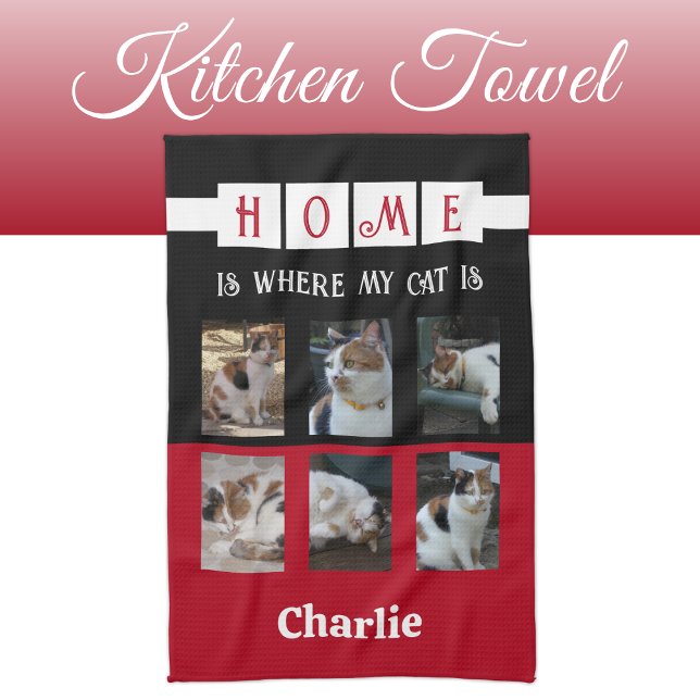 6 photo collage animal lover black red kitchen towel (Creator Uploaded)