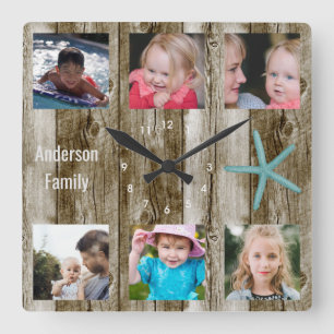 6 Photo Collage Beach Plank Square Wall Clock