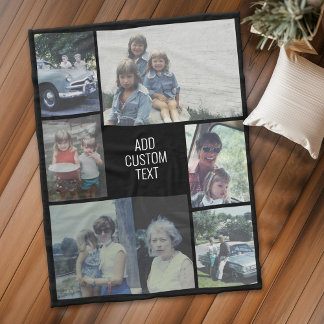 6 photo collage - black background - white text fleece blanket