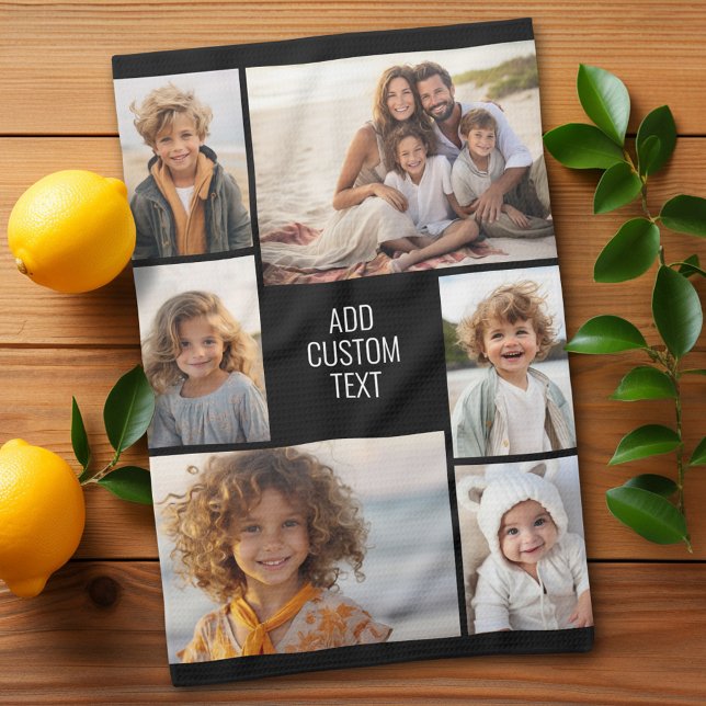 6 photo collage - black background - white text kitchen towel (Personalized kitchen towel with 6 photos)