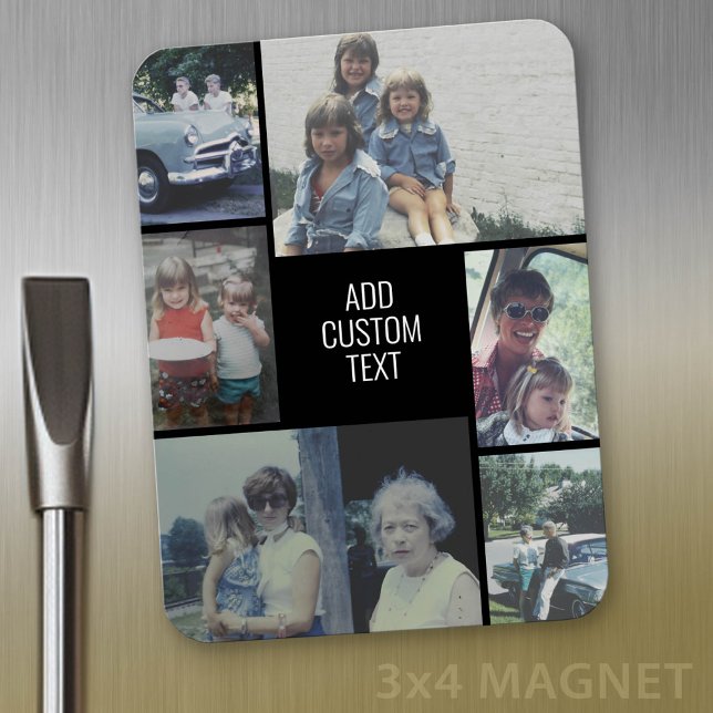 6 photo collage - black background - white text magnet (Personalized magnet with photo collage and text)