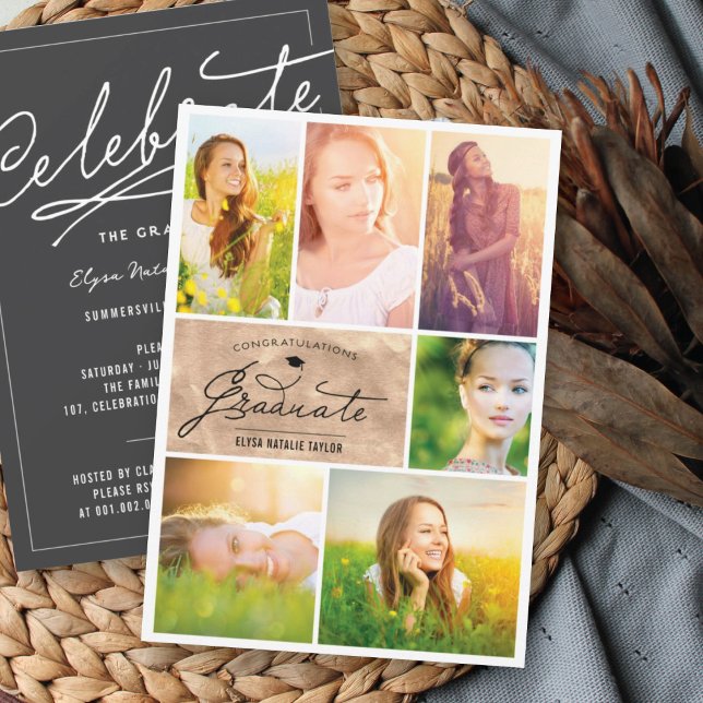 6 Photo Collage Bronze Foil Chic Graduation Party Invitation (Creator Uploaded)
