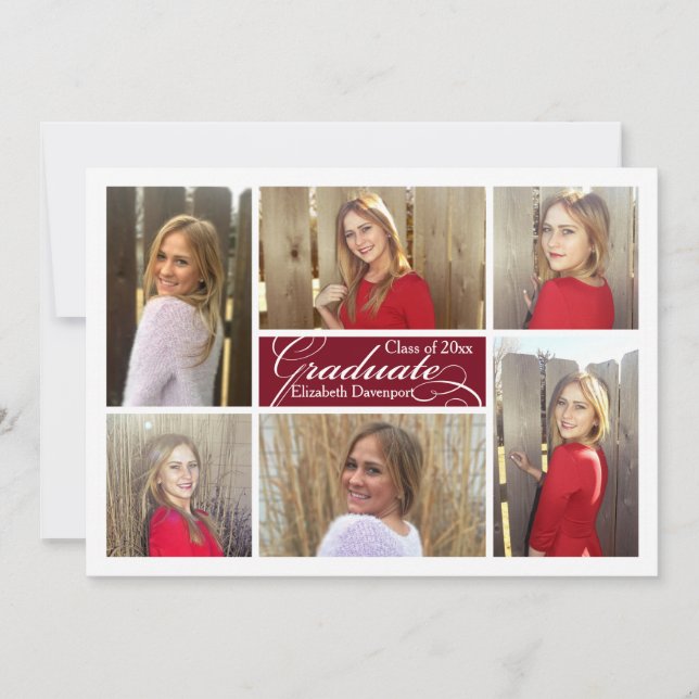 6-Photo Collage Burgundy Custom Graduation Invitation (Front)