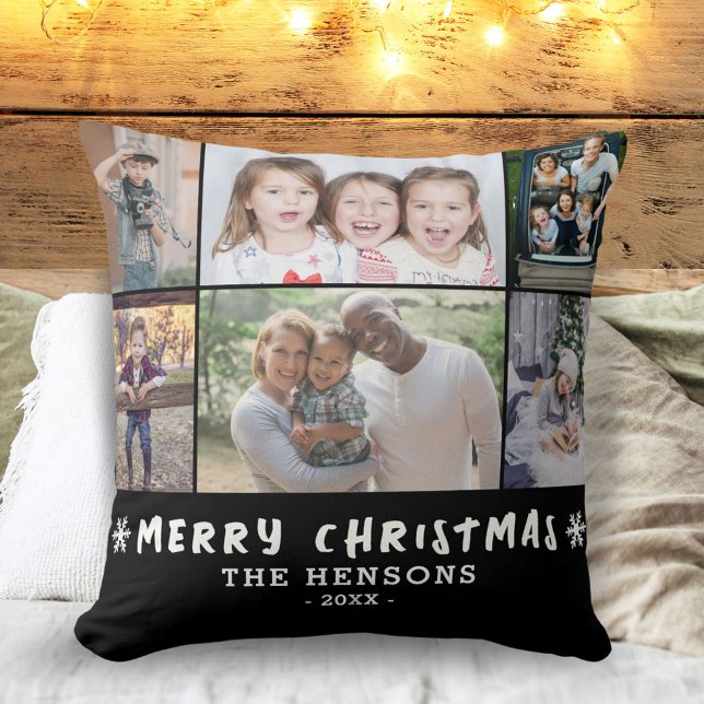 6 Photo Collage Christmas Family Black Throw Pillow (Creator Uploaded)