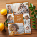6 photo collage - colour background - white text kitchen towel<br><div class="desc">6 photos in an uneven pattern surround an opening for three lines of text. Use 2 square cropped photos and 4 vertical photos to make this work!
The background is a solid colour. If you want to change the colours,  click on the advanced design area and see more choices.</div>