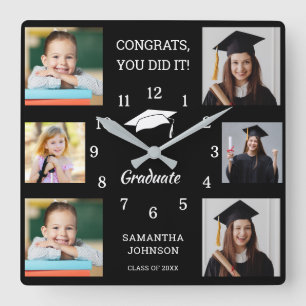 6 Photo Collage Congratulations Grad 2025 Black Square Wall Clock