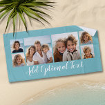 6 Photo Collage Custom Script Text Light Blue Beach Towel<br><div class="desc">A fun way to display photos of friends and family. Upload up to 6 photos and add them to the collage. The background is a light blue, but you can change the background when you click on the customize link and choose a different colour. You can also add a name...</div>
