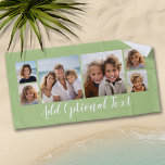 6 Photo Collage Custom Script Text Light Green Beach Towel<br><div class="desc">A fun way to display photos of friends and family. Upload up to 6 photos and add them to the collage. The background is a light green, but you can change the background when you click on the customize link and choose a different colour. You can also add a name...</div>