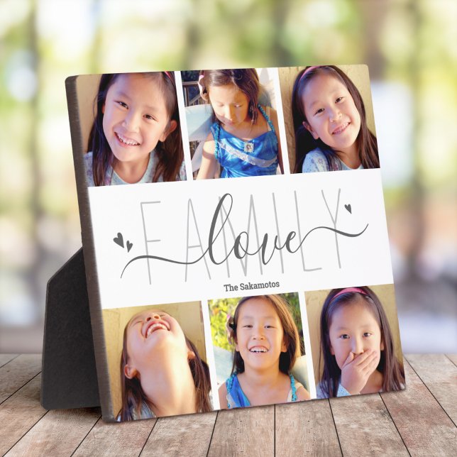 6 Photo Collage Family Love Script Hearts Modern Plaque (Creator Uploaded)