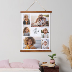 6 Photo Collage - Family Text In Centre - White Hanging Tapestry