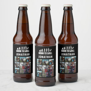 6 Photo Collage Father's Day Born To Grill BBQ   Beer Bottle Label