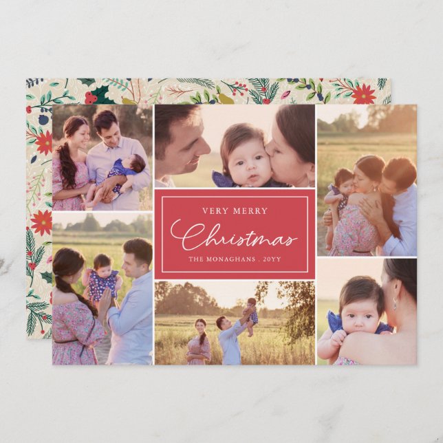 6 Photo Collage | Floral Pattern Christmas Red Holiday Card (Front/Back)