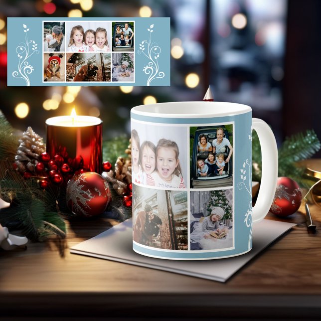 6 Photo Collage Foliage Blue Christmas Family Coffee Mug (Creator Uploaded)