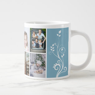 6 Photo Collage Foliage Blue Christmas Family Large Coffee Mug