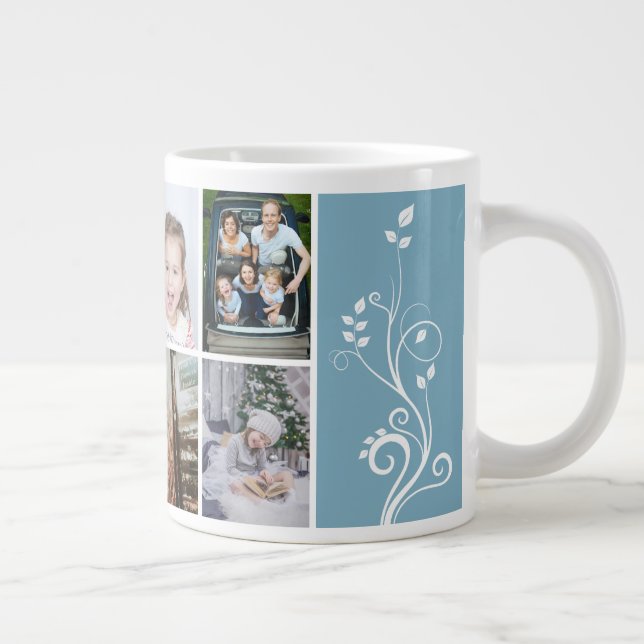 6 Photo Collage Foliage Blue Christmas Family Large Coffee Mug (Right)