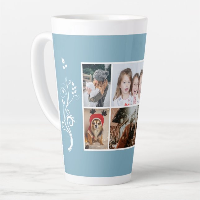 6 Photo Collage Foliage Blue Christmas Family Latte Mug (Left Angle)