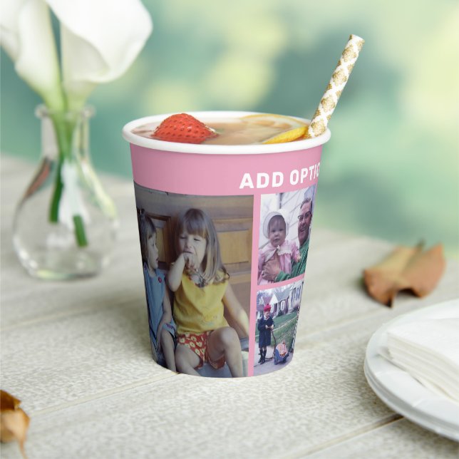 6 Photo Collage Grid - Custom Text Blush Pink Paper Cups (Insitu)