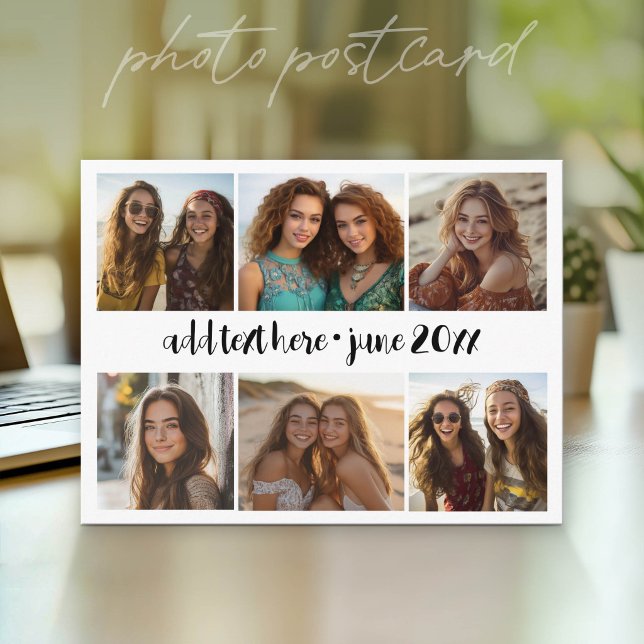 6 Photo Collage Grid - White Custom Text - Black Postcard (Photo Postcard that You Can Customize with your favorite photos - Modern, minimal design)