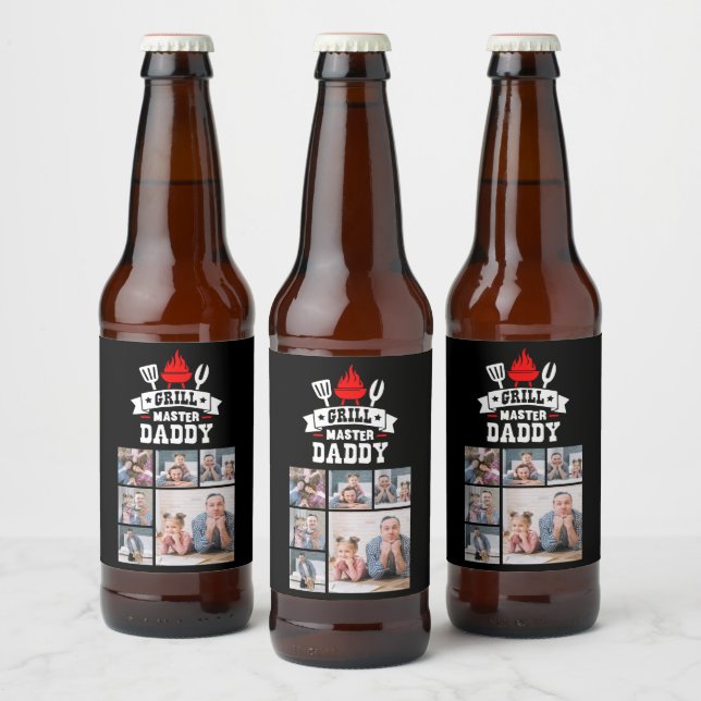 6 Photo Collage Grill Master Daddy BBQ Beer Bottle Label (Bottles)