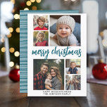 6 Photo Collage Joyful Merry Christmas blue stripe Holiday Card<br><div class="desc">Use six square photos and make a unique and trendy Merry Christmas greeting with a fun,  stripe pattern on the back. If you need to move anything around,  click on the customize button to make changes.</div>