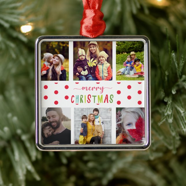 6 Photo Collage Merry Christmas colourful Metal Ornament (Tree)