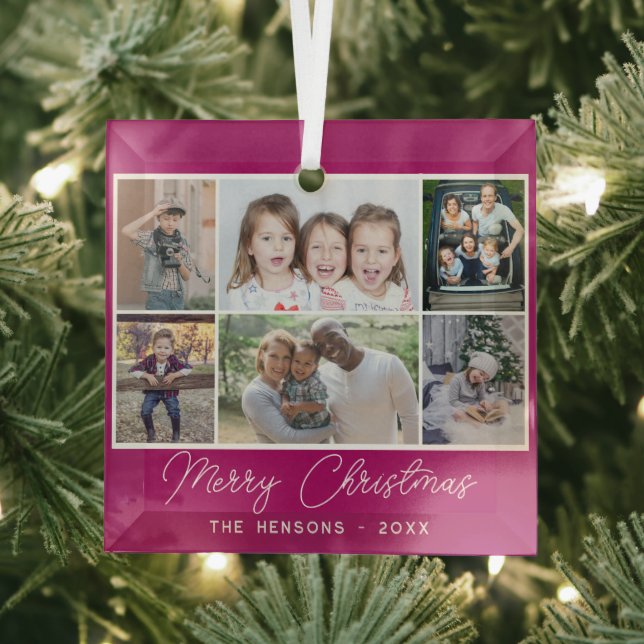 6 Photo Collage Merry Christmas Family  Glass Ornament (Insitu)