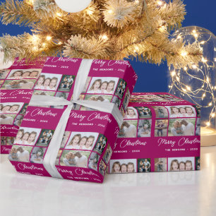 6 Photo Collage Merry Christmas Family Purple Wrapping Paper