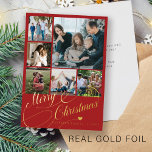 6 photo collage Merry Christmas gold script family Foil Holiday Card<br><div class="desc">Elegant luxury exclusive Merry Christmas real gold foil classic calligraphy script six family photos red holiday card with your custom personalized text on both sides. PLEASE NOTE that the background colour is editable. You can change it after selecting CUSTOMIZE option down below the PERSONALIZE IT menu. If you don't feel...</div>