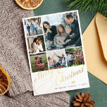 6 photo collage Merry Christmas script family Holiday Card<br><div class="desc">Elegant stylish Merry Christmas faux gold classic calligraphy script six family photos simple white holiday card with your custom personalized text on both sides. PLEASE NOTE that the background colour is editable. You can change it after selecting CUSTOMIZE option down below the PERSONALIZE IT menu. If you don't feel at...</div>