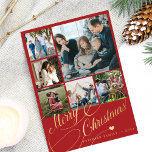 6 photo collage Merry Christmas script family Holiday Card<br><div class="desc">Elegant stylish Merry Christmas faux gold classic calligraphy script six family photos red holiday card with your custom personalized text on both sides. PLEASE NOTE that the background colour is editable. You can change it after selecting CUSTOMIZE option down below the PERSONALIZE IT menu. If you don't feel at ease...</div>