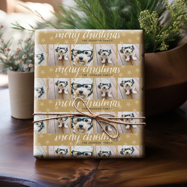 6 Photo Collage Merry Christmas Script Gold Stars Wrapping Paper (Personalized Photo Wrapping Paper)