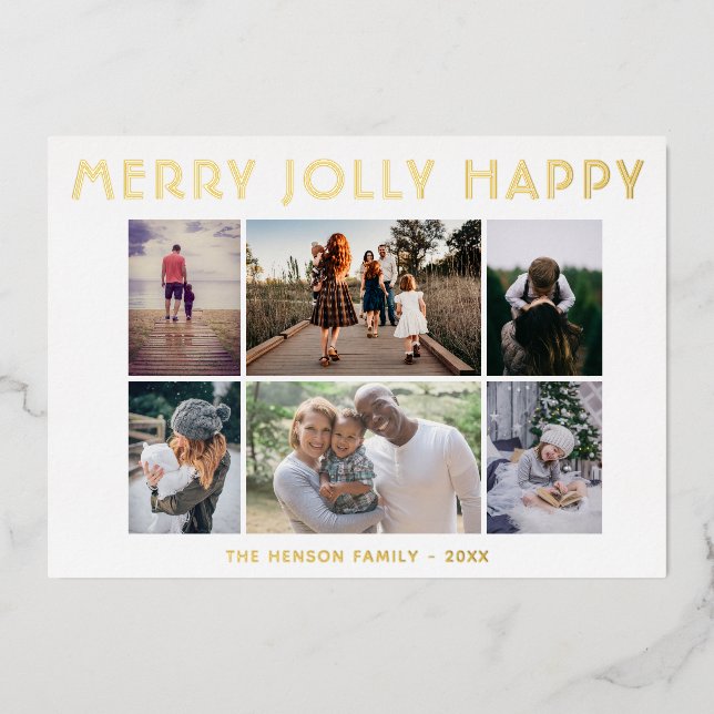 6 Photo Collage Merry Jolly Happy Christmas  Foil Holiday Card (Front)