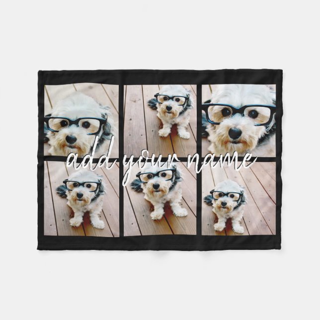 6 Photo Collage Minimalist - Add Your Name Black Fleece Blanket (Front (Horizontal))