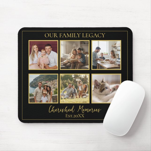 6 Photo Collage Minimalist Black Gold Mouse Pad (With Mouse)