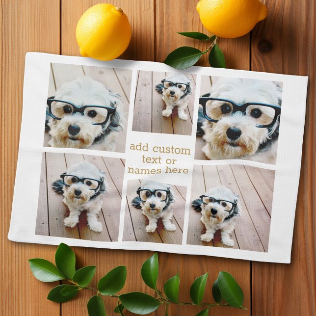 6 Photo Collage Minimalist - Gold and White Kitchen Towel (Personalized kitchen towel with photo collage)