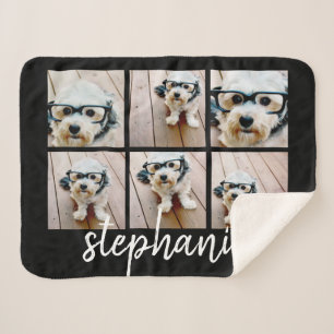 6 Photo Collage Minimalist Handwritten Name black Sherpa Blanket