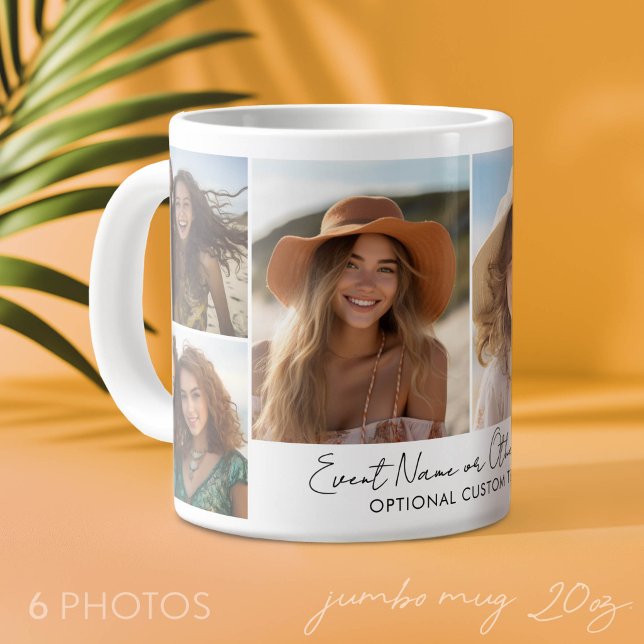 6 Photo Collage - Modern Minimal Grid with Script Large Coffee Mug (Photo Mug - add 6 photos to make a personal gift)
