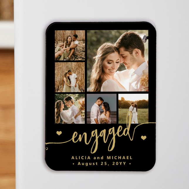 6 photo collage modern script engaged couple black magnet (Creator Uploaded)