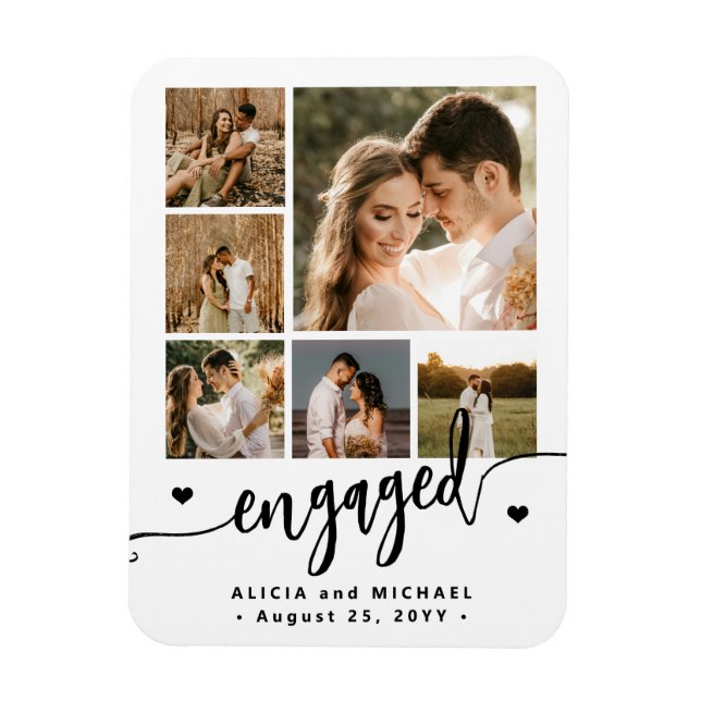 6 photo collage modern script engaged couple magnet (Vertical)